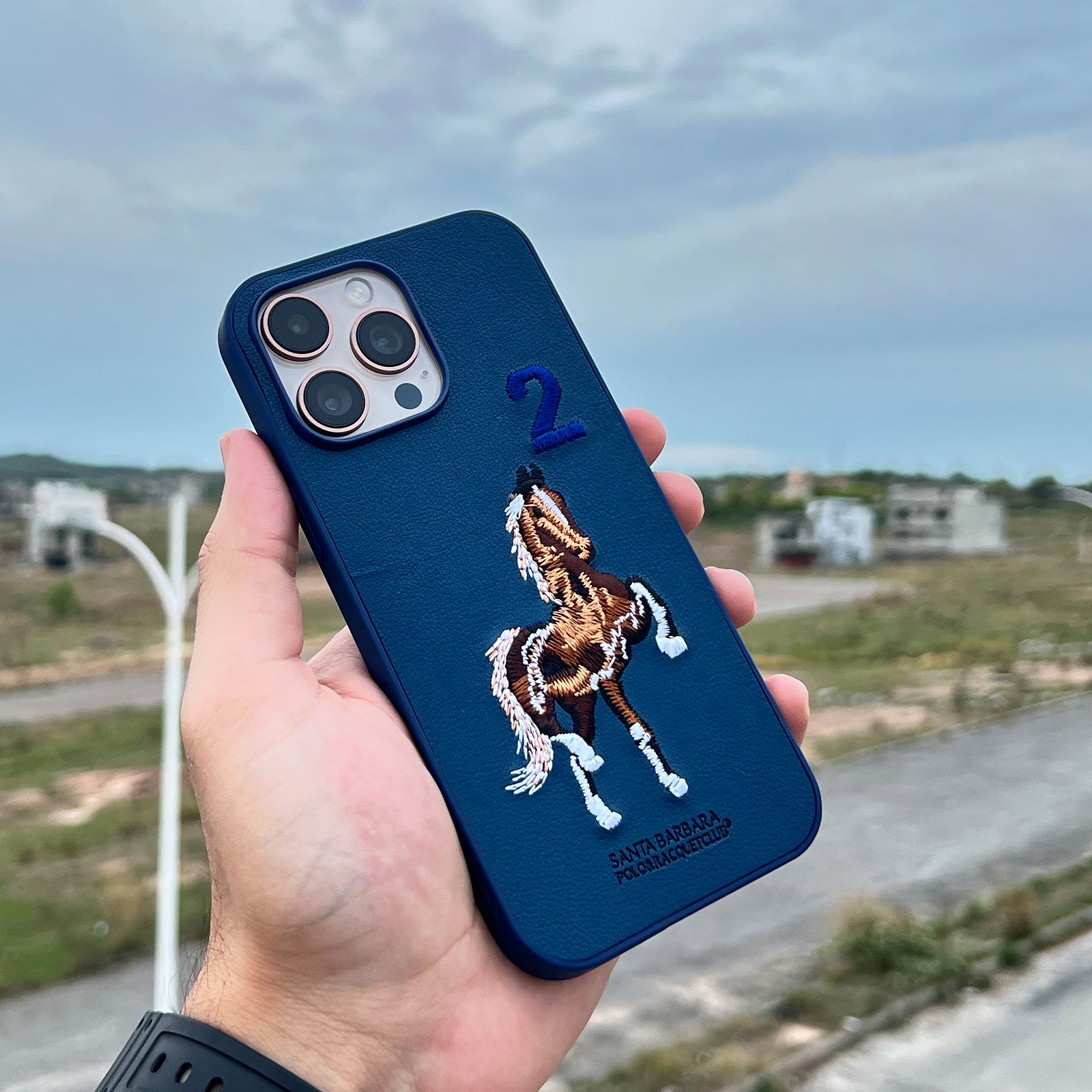 Santa Barbara Polo Style Leather Case for iPhone 16 Pro Max | Navy Blue | Wireless Charging Compatible