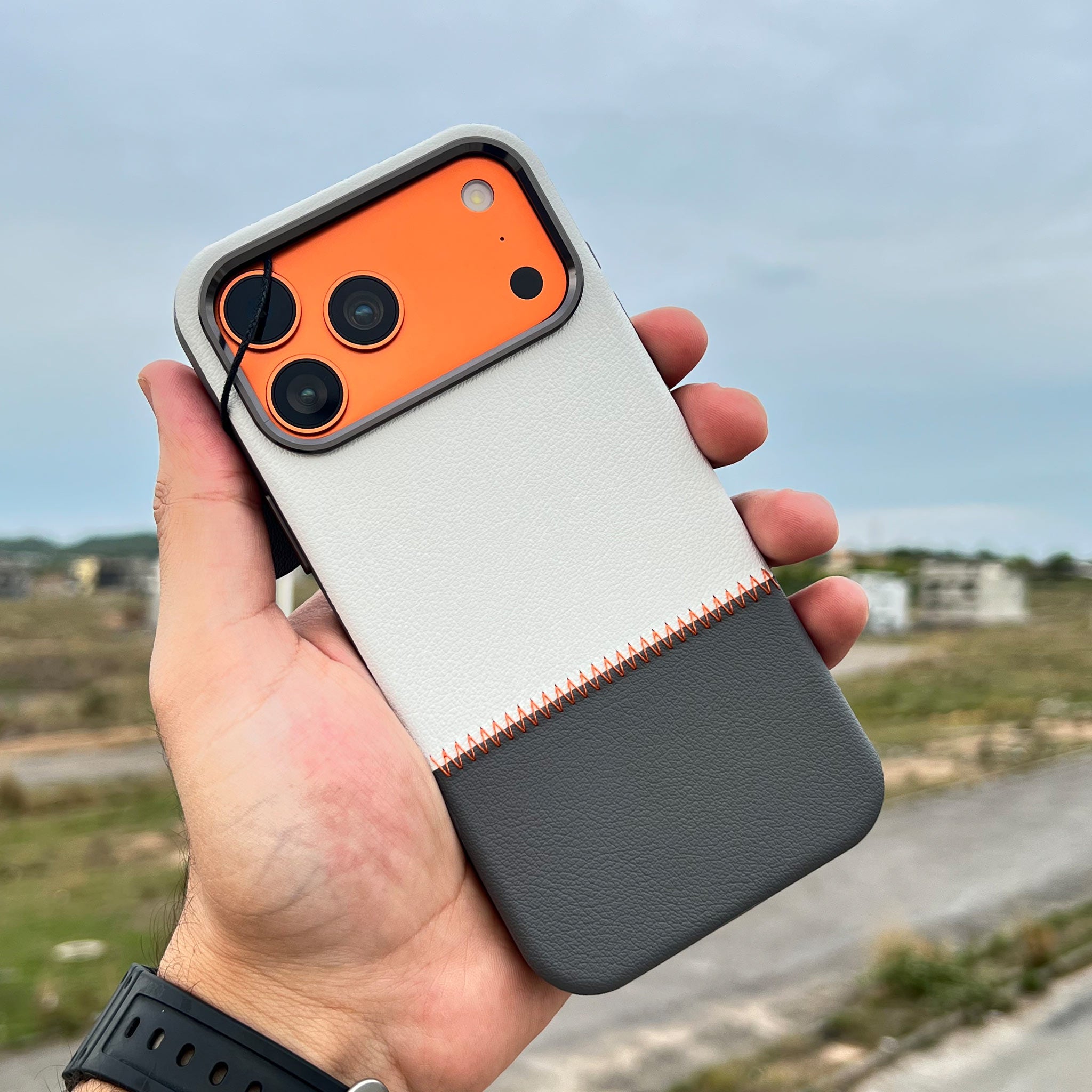 Bi-Color Patchwork Leather Case for iPhone 16 Pro Max | Ivory and Charcoal | Wireless Charging Compatible