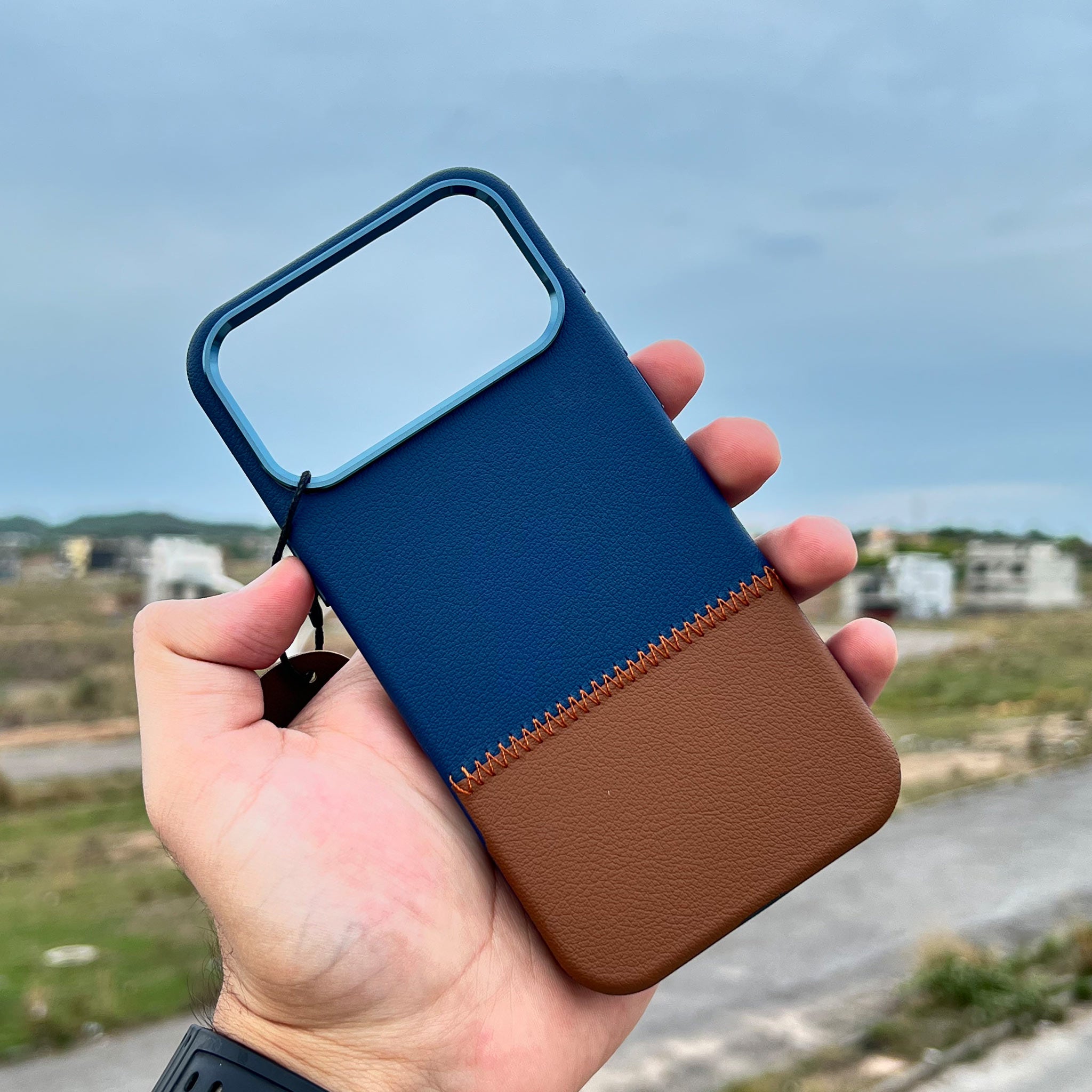 Bi-Color Patchwork Leather Case for iPhone 16 Pro Max | Navy Blue and Cognac Brown | Wireless Charging Compatible
