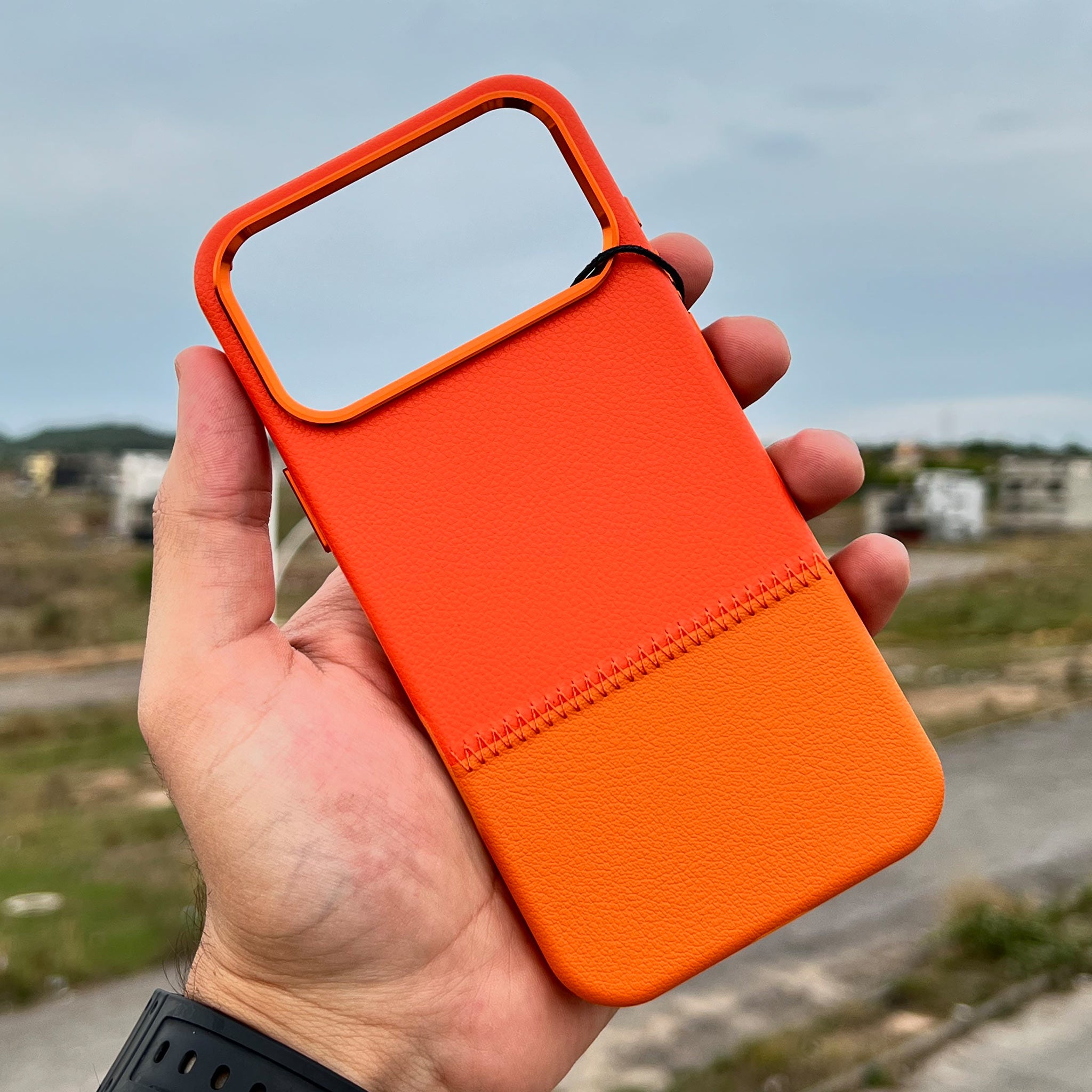 Bi-Color Patchwork Leather Case for iPhone 16 Pro Max | Vermillion and Tangerine Orange | Wireless Charging Compatible