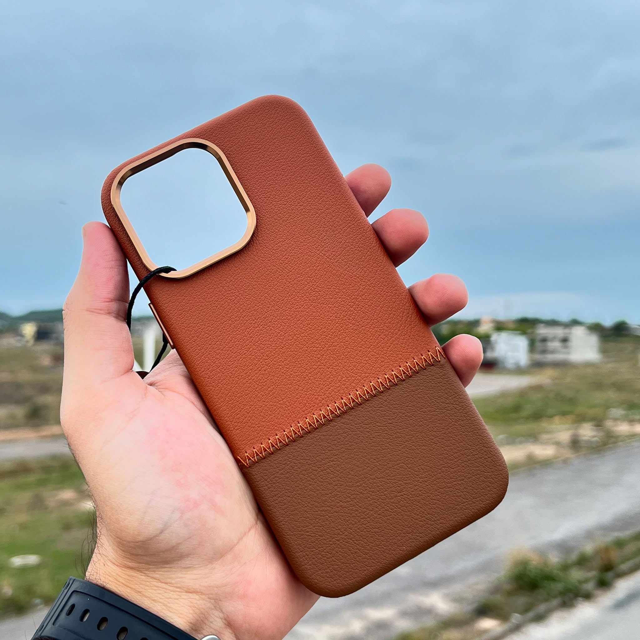 Bi-Color Patchwork Leather Case for iPhone 16 Pro Max | Sienna and Chocolate Brown | Wireless Charging Compatible