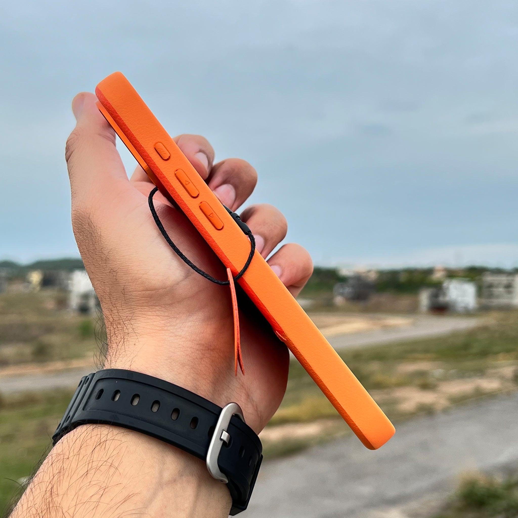 Bi-Color Patchwork Leather Case for iPhone 16 Pro Max | Vermillion and Tangerine Orange | Wireless Charging Compatible