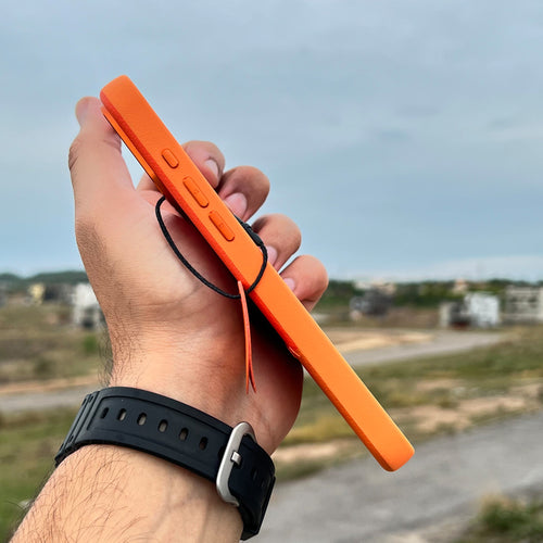 Bi-Color Patchwork Leather Case for iPhone 16 Pro Max | Vermillion and Tangerine Orange | Wireless Charging Compatible