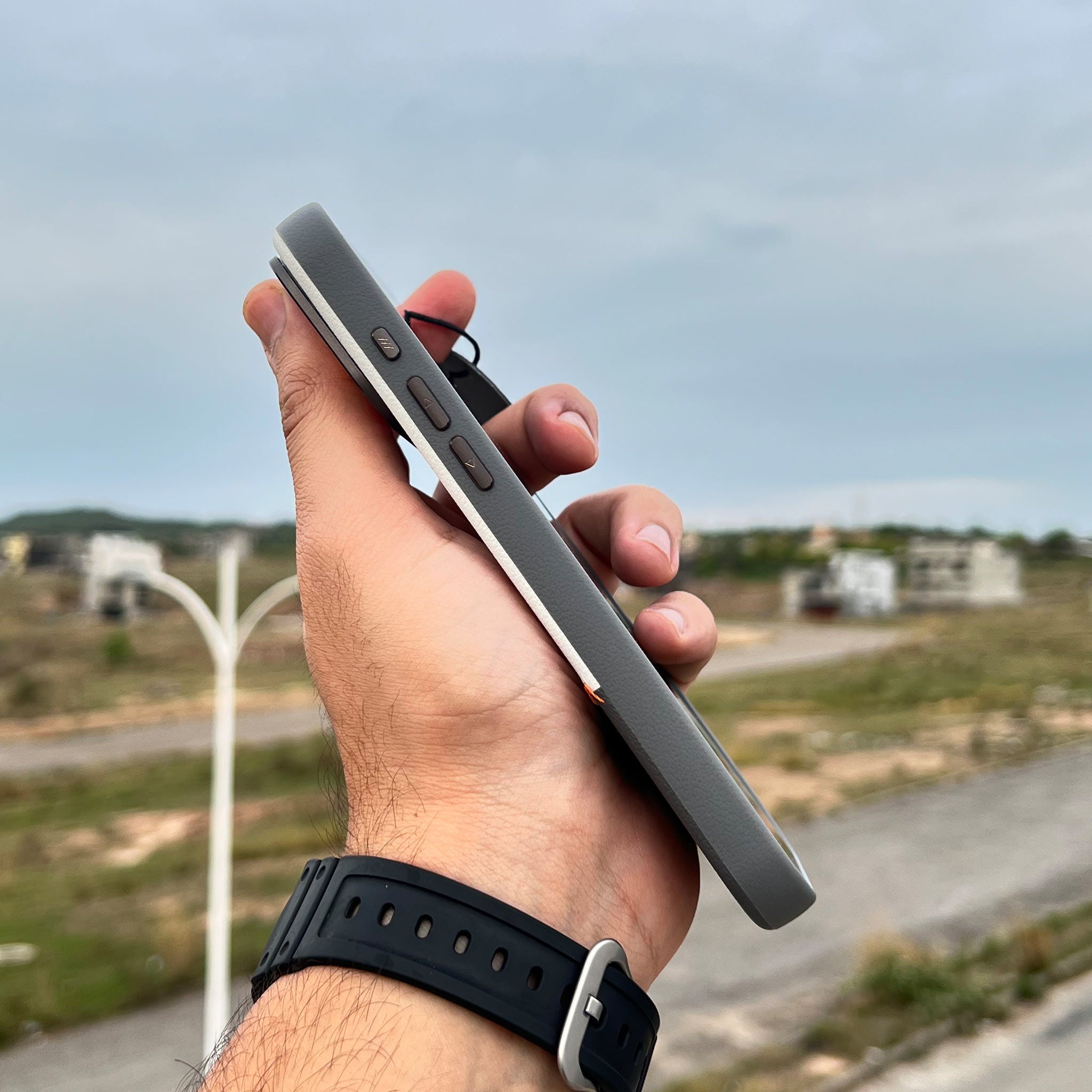 Bi-Color Patchwork Leather Case for iPhone 16 Pro Max | Ivory and Charcoal | Wireless Charging Compatible