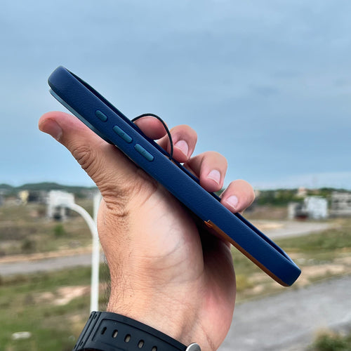 Bi-Color Patchwork Leather Case for iPhone 16 Pro Max | Navy Blue and Cognac Brown | Wireless Charging Compatible