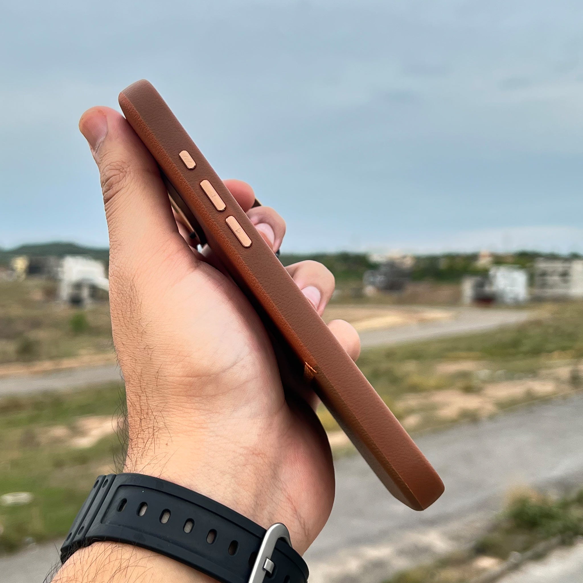 Bi-Color Patchwork Leather Case for iPhone 16 Pro Max | Sienna and Chocolate Brown | Wireless Charging Compatible