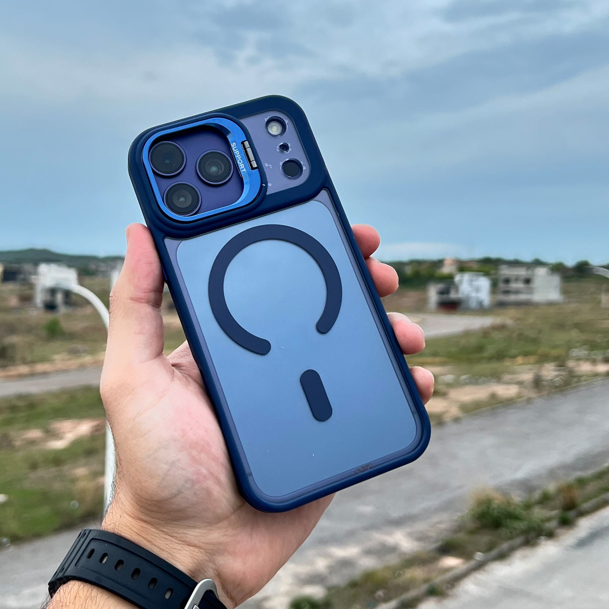 MagSafe Crystal Clear Kickstand Case for iPhone 16 Pro Max | Navy Blue and Orange | Wireless Charging Compatible