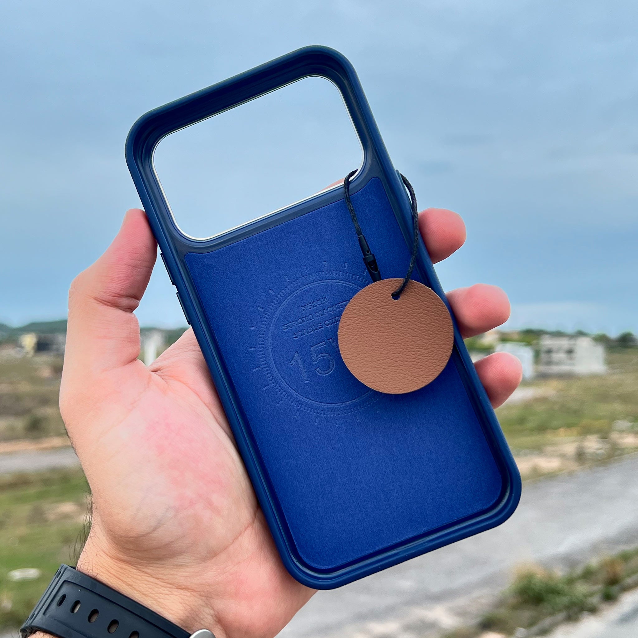 Bi-Color Patchwork Leather Case for iPhone 16 Pro Max | Navy Blue and Cognac Brown | Wireless Charging Compatible