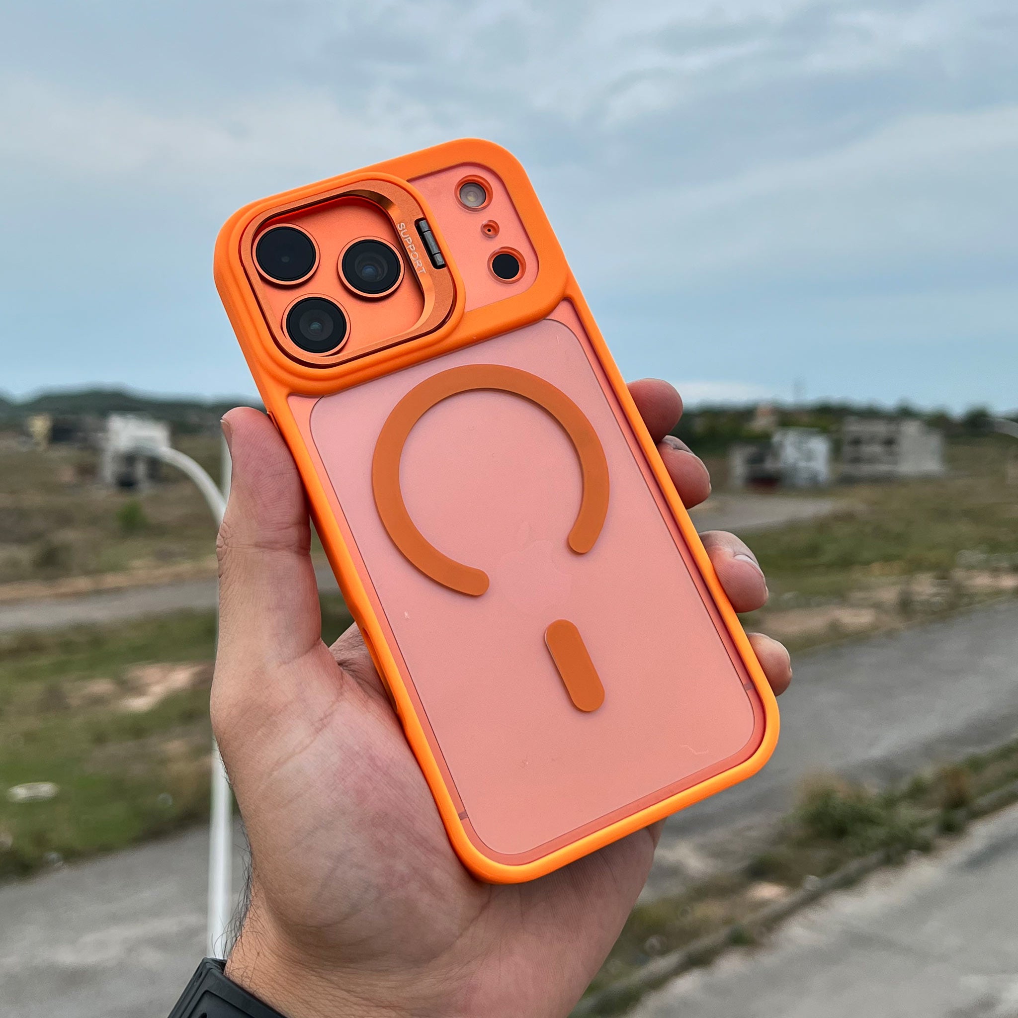 MagSafe Crystal Clear Kickstand Case for iPhone 16 Pro Max | Navy Blue and Orange | Wireless Charging Compatible