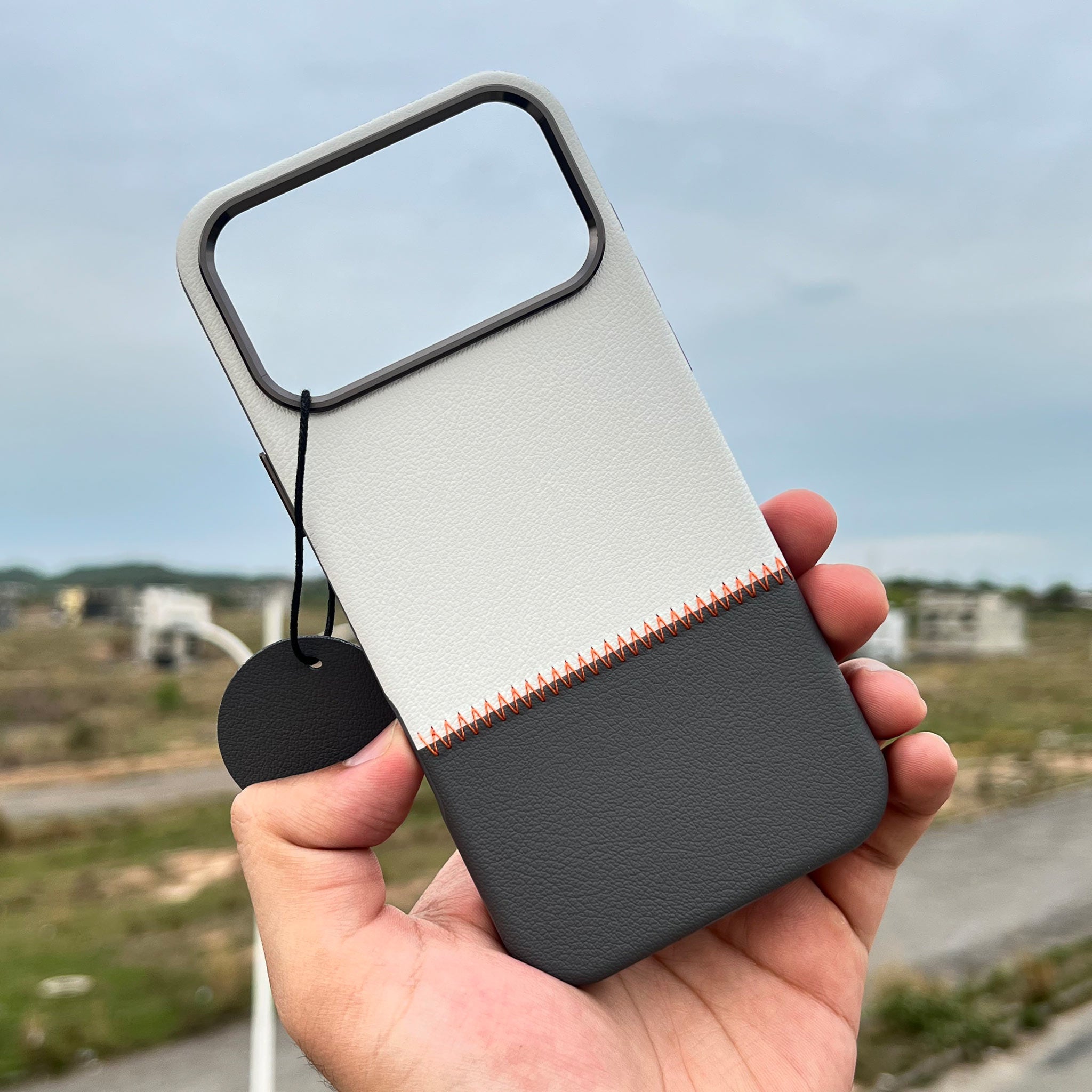 Bi-Color Patchwork Leather Case for iPhone 16 Pro Max | Ivory and Charcoal | Wireless Charging Compatible