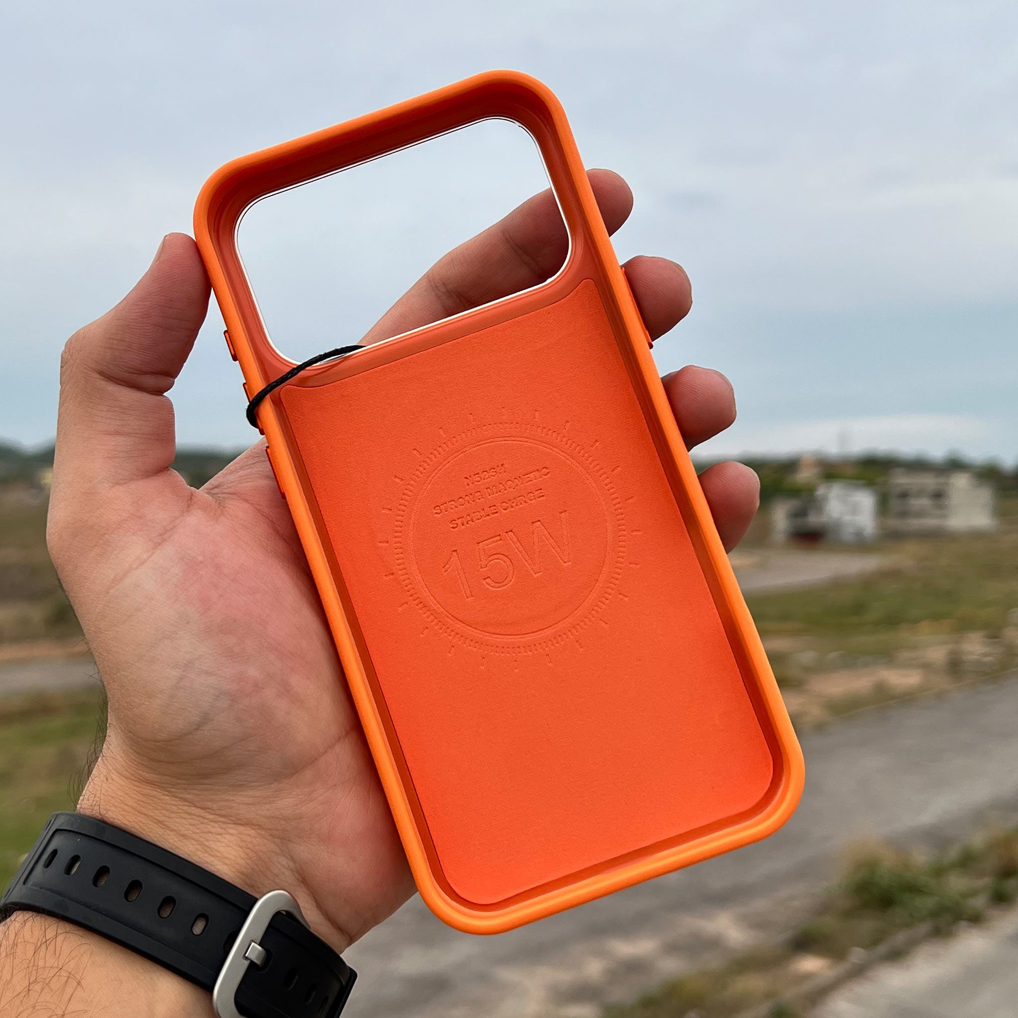 Bi-Color Patchwork Leather Case for iPhone 16 Pro Max | Vermillion and Tangerine Orange | Wireless Charging Compatible