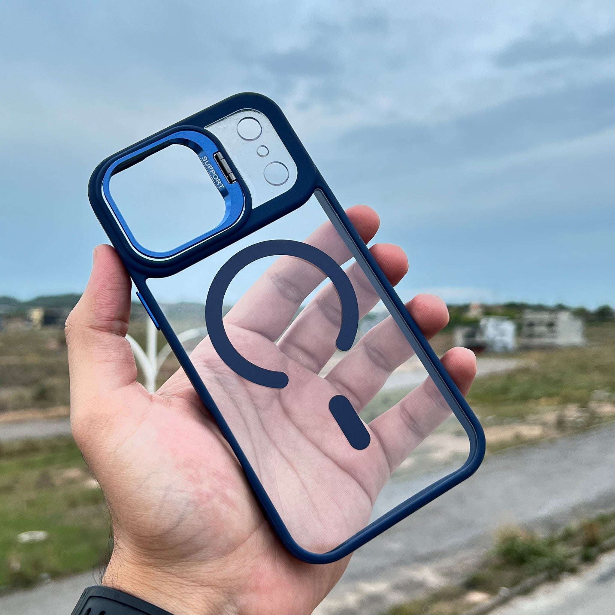 MagSafe Crystal Clear Kickstand Case for iPhone 16 Pro Max | Navy Blue and Orange | Wireless Charging Compatible