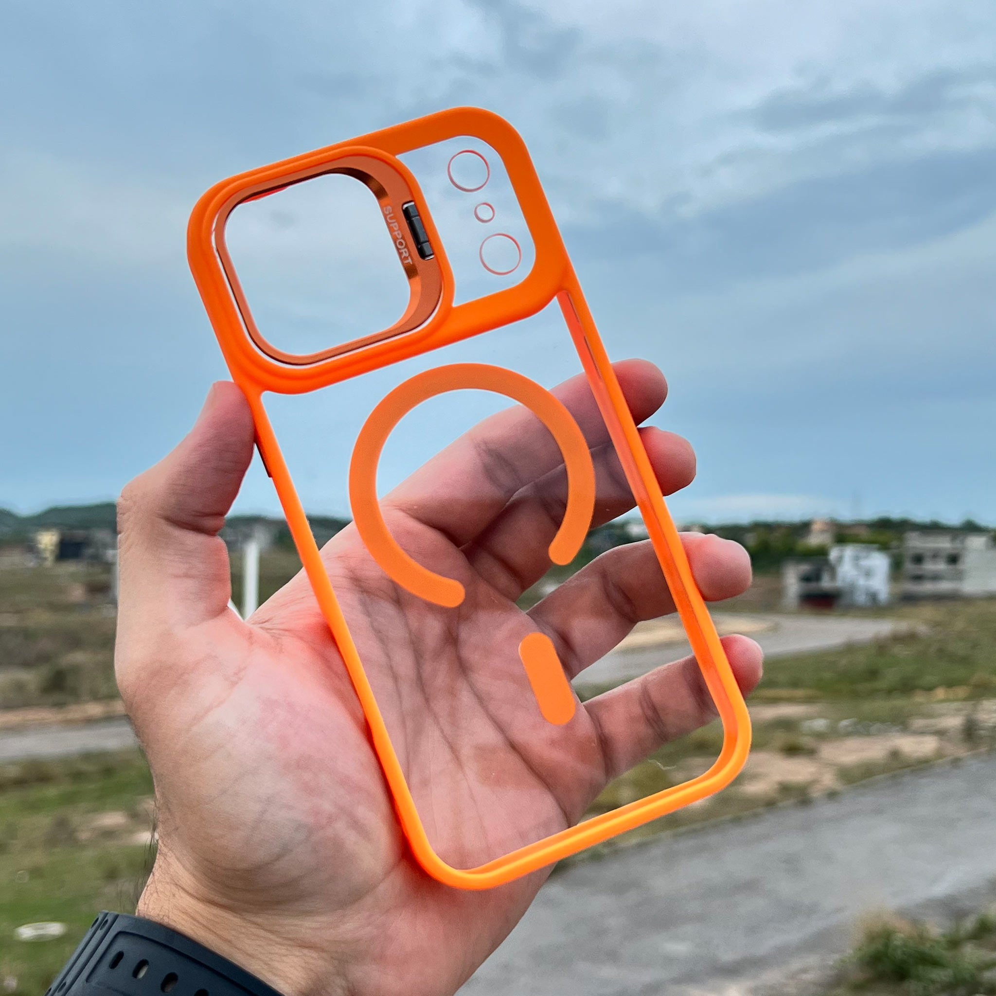 MagSafe Crystal Clear Kickstand Case for iPhone 16 Pro Max | Navy Blue and Orange | Wireless Charging Compatible